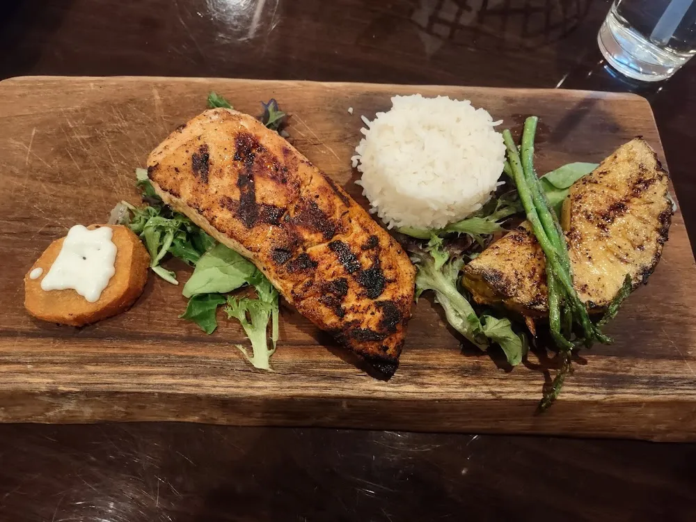 Blackend Salmon Couscous Pineapple Asparagus French Potato